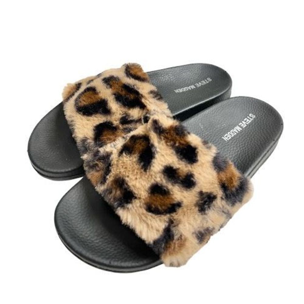 Steven Madden Slides Womens Size 4 Faux Fur Leopard‎ Print Open Toe Sandals